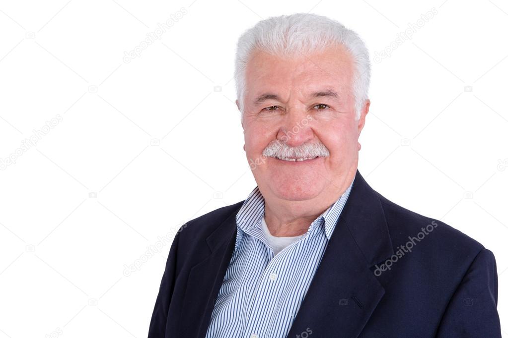 Smiling handsome man in mustache and white hair