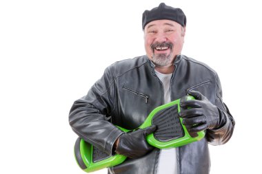 Laughing man holding hoverboard clipart