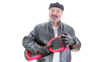 Content man in leather jacket holding hoverboard clipart