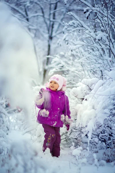 Una Niña Mira Nieve Fresca Con Entusiasmo Camina Por Bosque — Foto de Stock