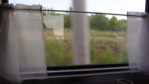 Vista Janela Comboio Num Compartimento Numa Carruagem Reservada Paisagem Cintilante — Vídeo de Stock