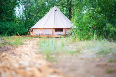 Glamping bölgesindeki modern kamp çadırlarının manzarası. Her türlü konfora sahip bir kamp çadırı. Ormandaki medeniyet.
