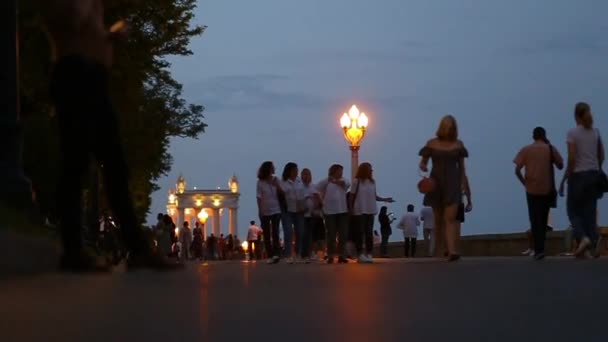 Kilátás Városi Parkra Este Emberek Volgogradban Sétálnak Töltésen Nyári Éjszaka — Stock videók