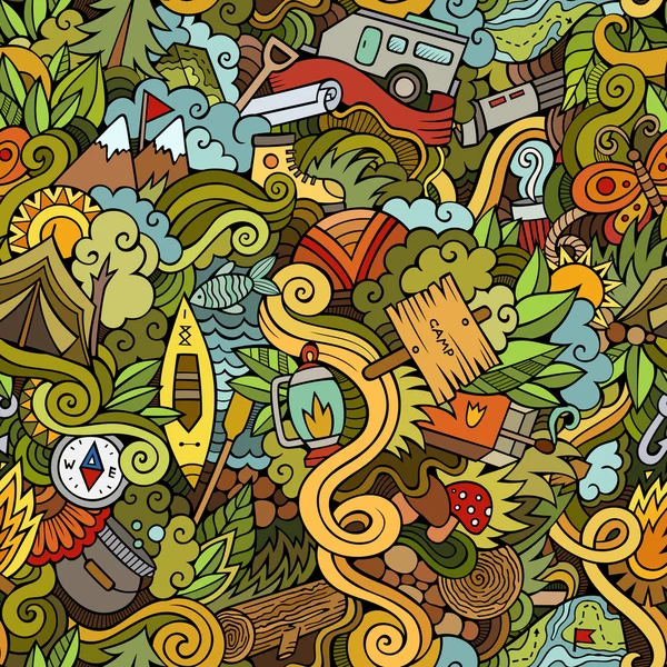 Dessin animé vecteur gribouillis camping motif sans couture — Image vectorielle