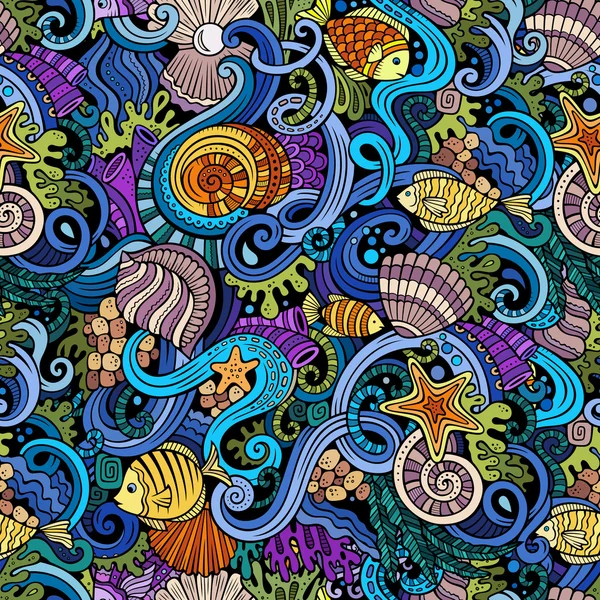Cartoon doodles under water life seamless pattern - Stok Vektor