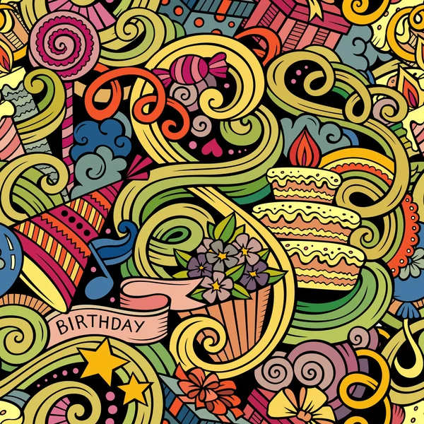 Cartoon hand-drawn doodles birthday theme seamless pattern — Stock Vector