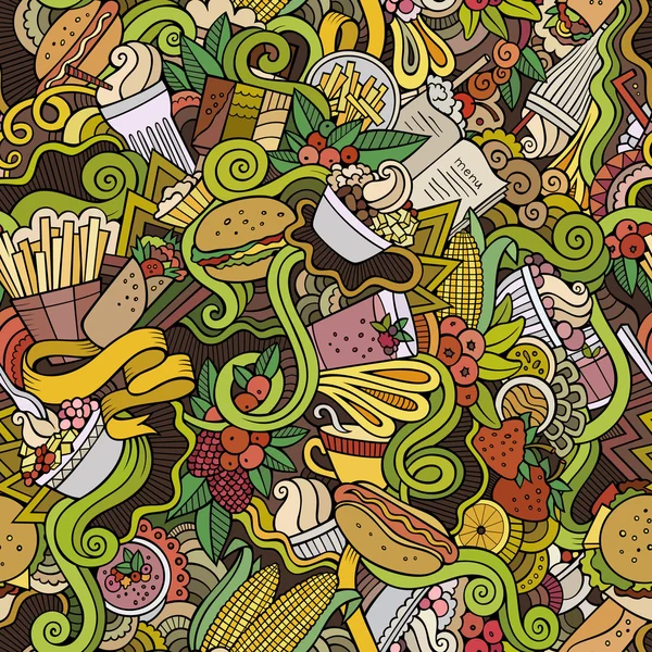 Cartoni animati scarabocchi disegnati a mano sul tema del modello senza cuciture fast food — Vettoriale Stock