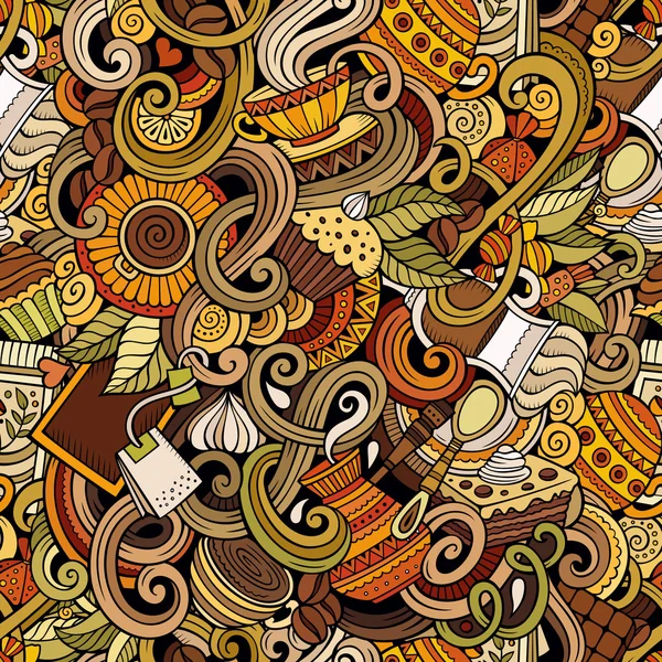 Cartoon gribouillis dessinés à la main de café, café motif sans couture — Image vectorielle