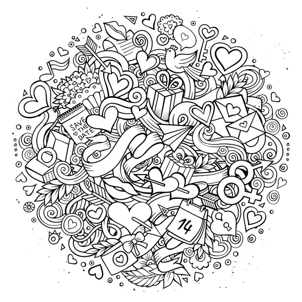 Dessin animé vecteur dessiné à la main Doodle Love illustration — Image vectorielle