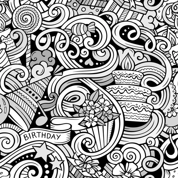 Cartoon hand-drawn doodles birthday theme seamless pattern — Stock Vector