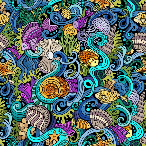 Cartoon doodles under water life seamless pattern — Stock Vector