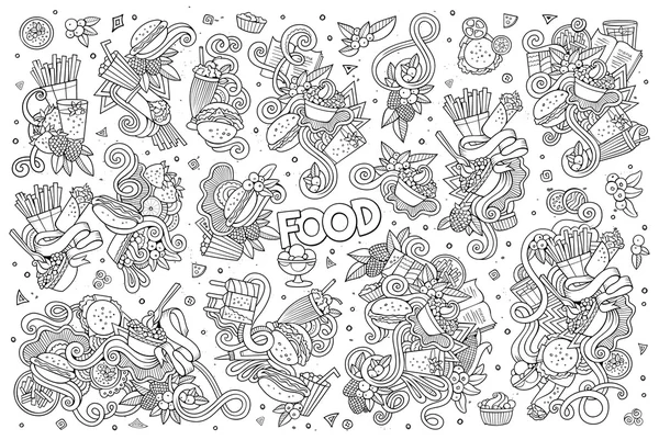 Línea de arte vector dibujado a mano garabatos conjunto de dibujos animados de objetos alimenticios — Vector de stock