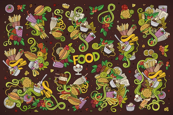 Colorato vettore disegnato a mano scarabocchi cartone animato insieme di oggetti alimentari — Vettoriale Stock