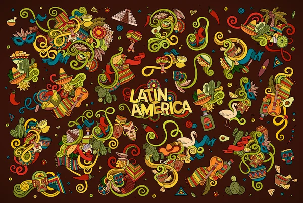 Colorido vector dibujado a mano Doodle objetos latinoamericanos — Vector de stock