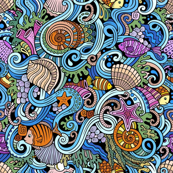 Cartoon doodles under water life seamless pattern - Stok Vektor