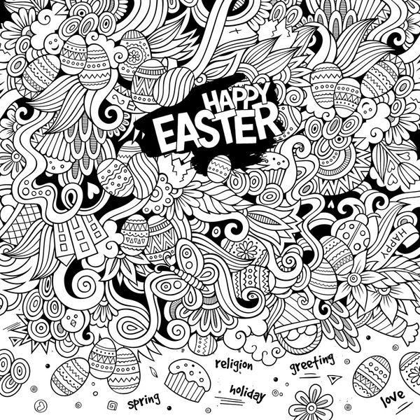 Cartoon hand-drawn doodles Happy Easter background — Stock Vector