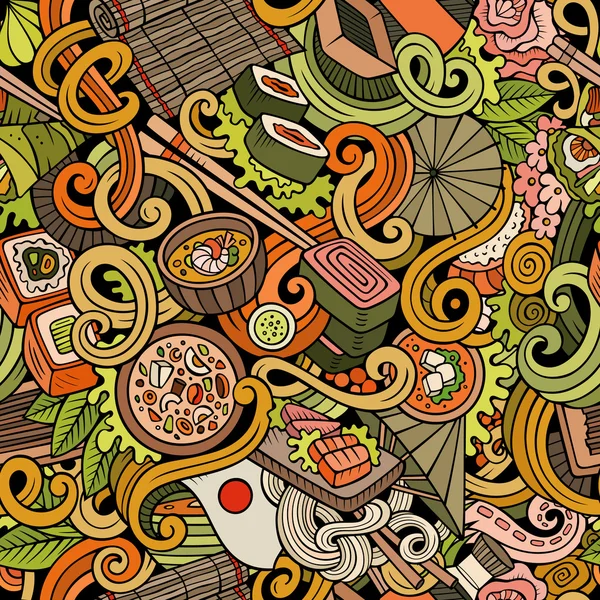 Desenhos animados desenhados à mão doodles de padrão sem costura cozinha japonesa —  Vetores de Stock