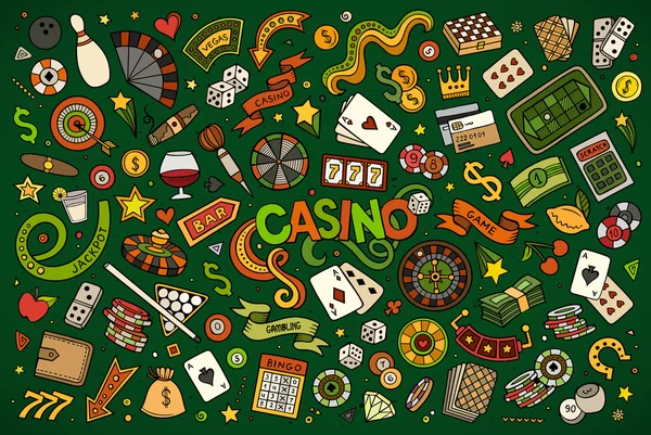 Vetor colorido mão desenhada doodles desenho animado conjunto de objetos Casino — Vetor de Stock