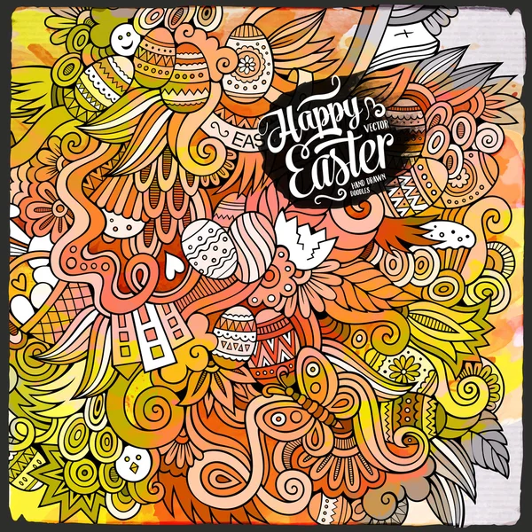 Cartoon hand-drawn Easter doodles watercolor art background — Stock Vector