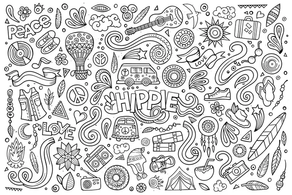 Línea de arte conjunto de objetos hippies — Vector de stock