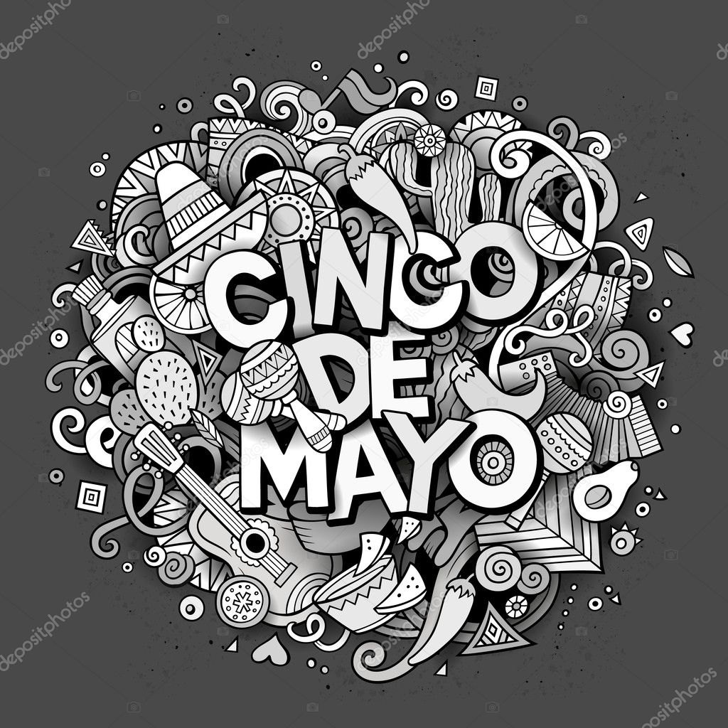 Cinco de Mayo sketchy outline festive background. Cartoon vector hand drawn Doodle illustration. Line art detailed design with objects and symbols. All objects are separated