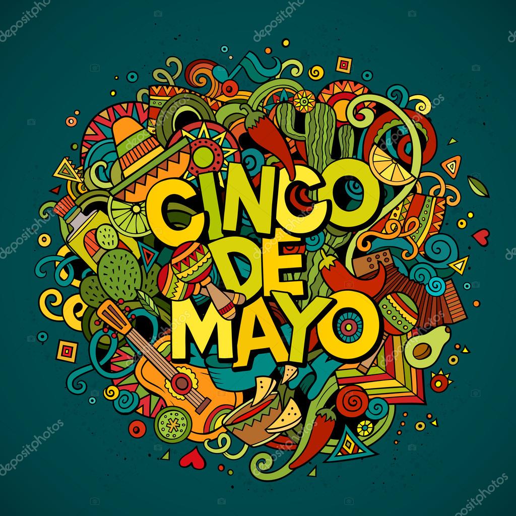 Cinco de Mayo colorful festive background. Cartoon vector hand drawn Doodle illustration. Multicolored bright detailed design with objects and symbols. All objects are separated
