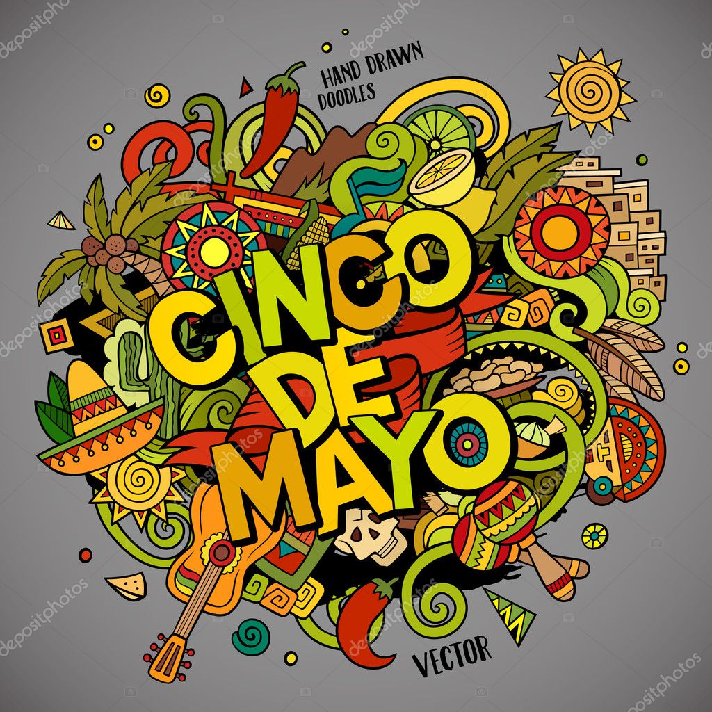 Cinco de Mayo colorful festive background. Cartoon vector hand drawn Doodle illustration. Multicolored bright detailed design with objects and symbols. All objects are separated