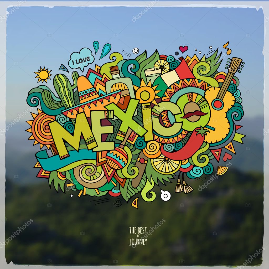 Mexico hand lettering and doodles elements and symbols emblem. Vector blurred background