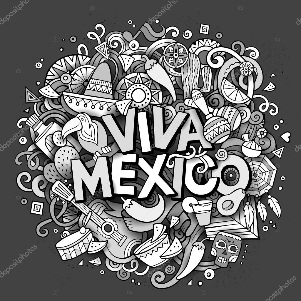 Viva Mexico sketchy outline festive background. Cartoon vector hand drawn Doodle illustration. Line art detailed design with objects and symbols. All objects are separated