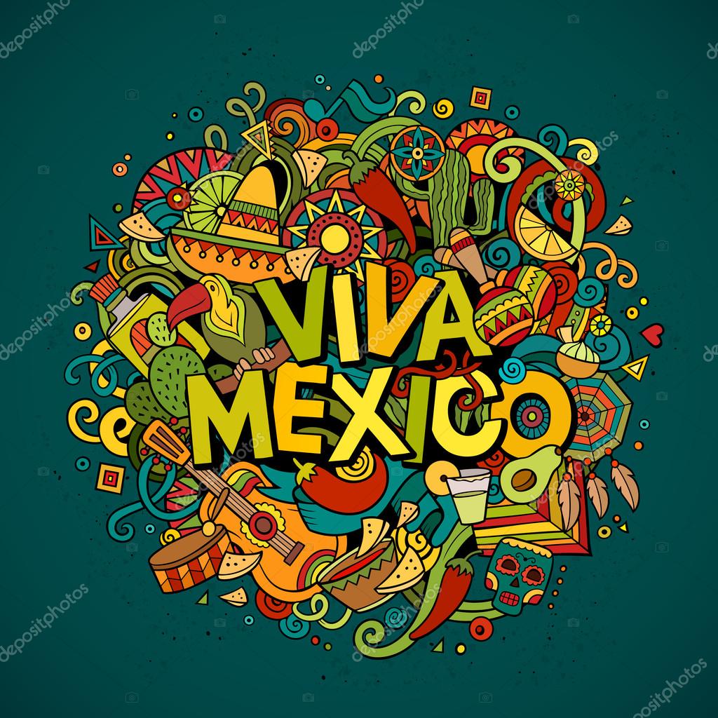 Viva Mexico colorful festive background. Cartoon vector hand drawn Doodle illustration. Multicolored bright detailed design with objects and symbols. All objects are separated