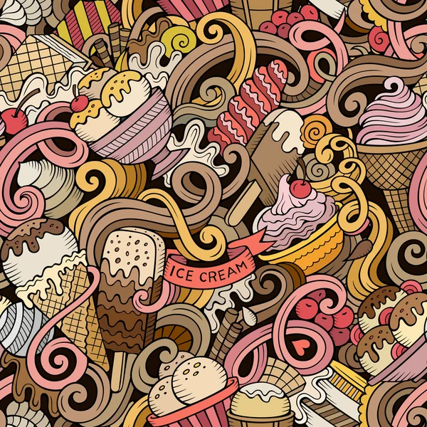 Caricature dessinée à la main de crème glacée gribouille motif sans couture — Image vectorielle