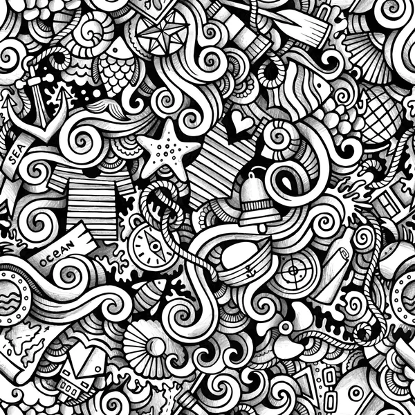 Cartoon hand drawn nautical marine doodles seamless pattern - Stok Vektor