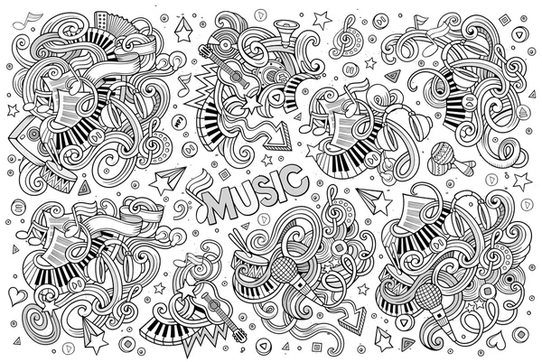 Sketchy vetor mão desenhada doodles desenho animado conjunto de objetos de música — Vetor de Stock