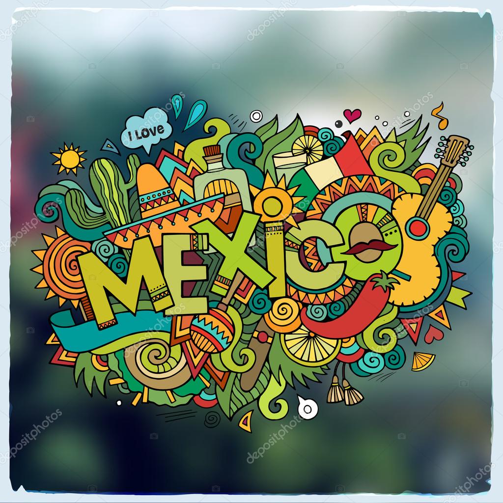 Mexico hand lettering and doodles elements and symbols emblem. Vector blurred background