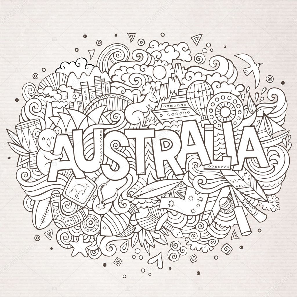 Australia country hand lettering and doodles elements and symbols background. Vector hand drawn sketchy illustration