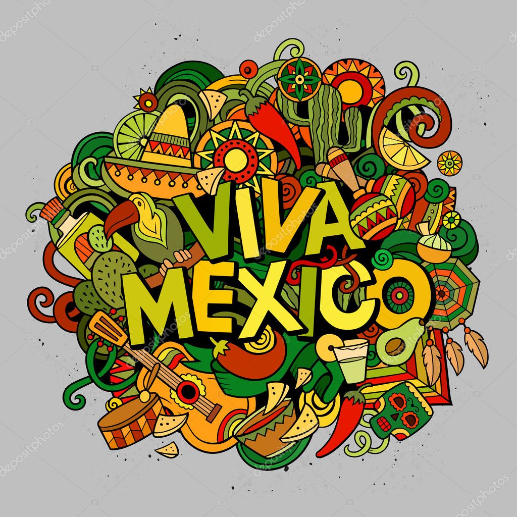 Viva Mexico colorful festive background. Cartoon vector hand drawn Doodle illustration. Multicolored bright detailed design with objects and symbols. All objects are separated