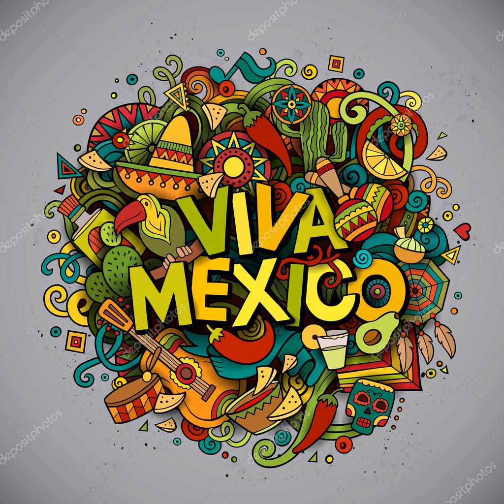 Viva Mexico colorful festive background. Cartoon vector hand drawn Doodle illustration. Multicolored bright detailed design with objects and symbols. All objects are separated