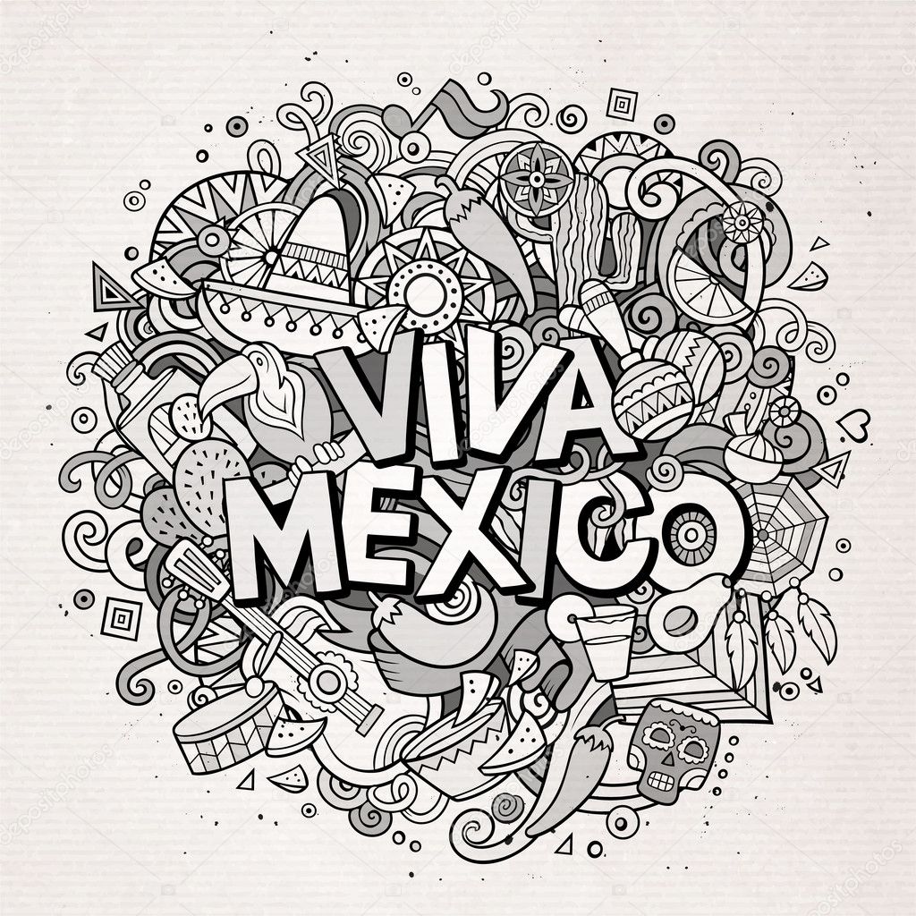 Viva Mexico sketchy outline festive background. Cartoon vector hand drawn Doodle illustration. Line art detailed design with objects and symbols. All objects are separated