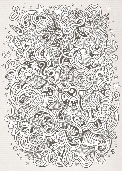Χέρι-που καρτούν doodles Εικονογράφηση της υποβρύχιας ζωής — Διανυσματικό Αρχείο