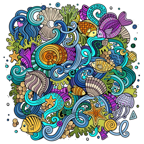 Desenhos animados desenhados à mão rabiscos ilustração da vida subaquática —  Vetores de Stock