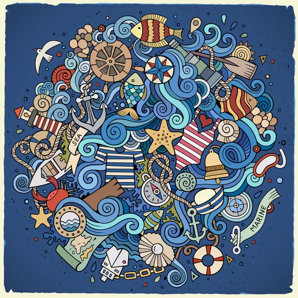 Deniz, deniz illüstrasyon karikatür çizilmiş doodles — Stok Vektör