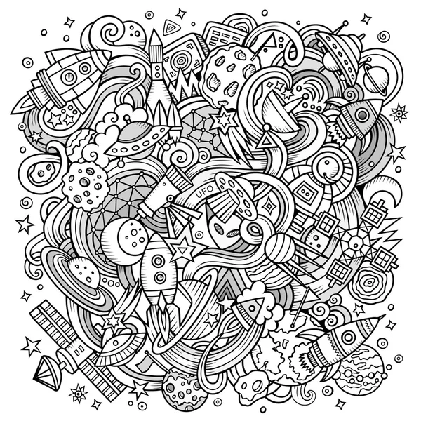 Cartoon hand-drawn doodles Space illustration — Stock Vector