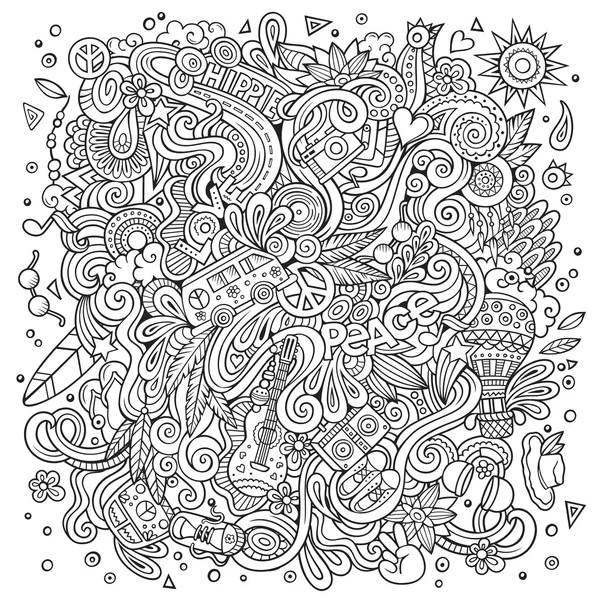 Cartoon handgetekende doodles hippie illustratie — Stockvector