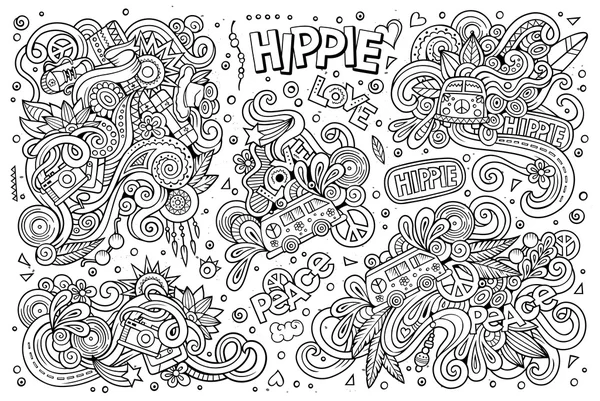 Línea de arte conjunto de objetos hippies — Archivo Imágenes Vectoriales