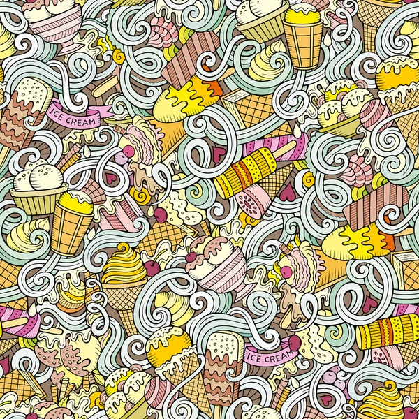 Caricature dessinée à la main de crème glacée gribouille motif sans couture — Image vectorielle
