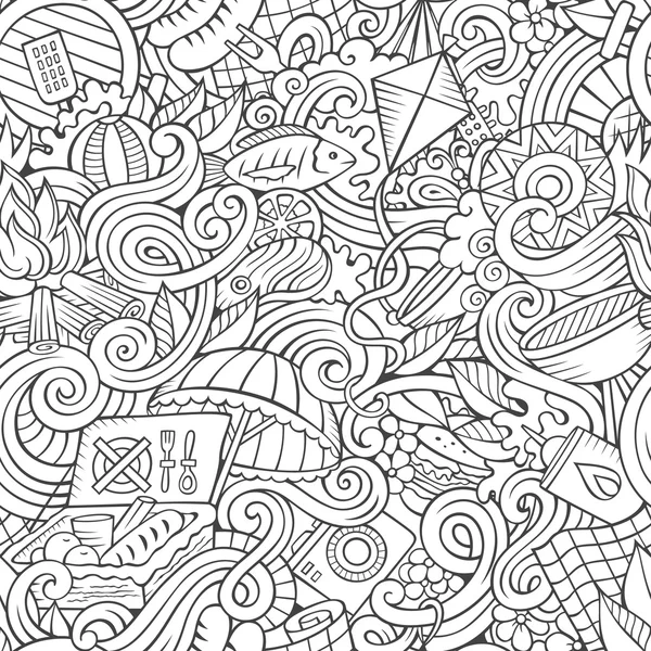 Cartoon handgetekende picknick doodles naadloze patroon — Stockvector