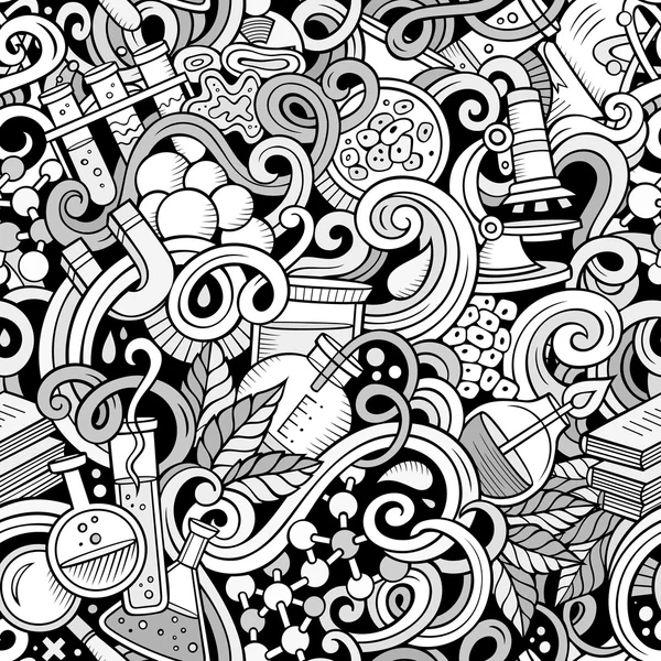 Cartoon hand-drawn science doodles seamless pattern — Stock Vector