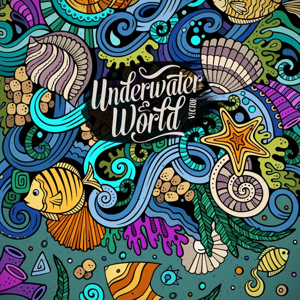 Cartoon handgetekende doodles onderwaterleven illustratie — Stockvector