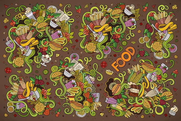 Doodles desenho animado conjunto de objetos alimentares — Vetor de Stock