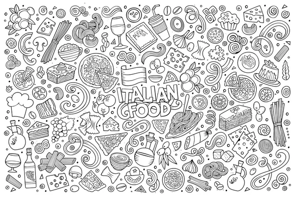 Linha arte vetor cartoon conjunto de objetos alimentares italianos —  Vetores de Stock